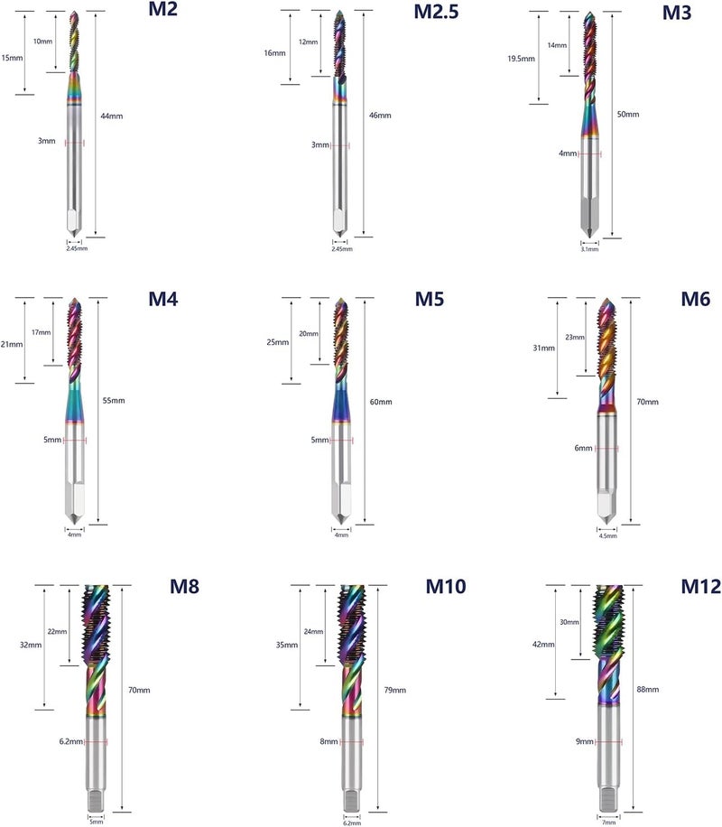 WEXWE Store Tools DLC Coating Spiral Flute Taps High Speed Steel (HSS) 3 Flutes Machine Screw Tap Set Metric M2 M2.5 M3 M4 M5 M6 M8 M10 M12 Thread Tapping Tool 9cps - Image 2